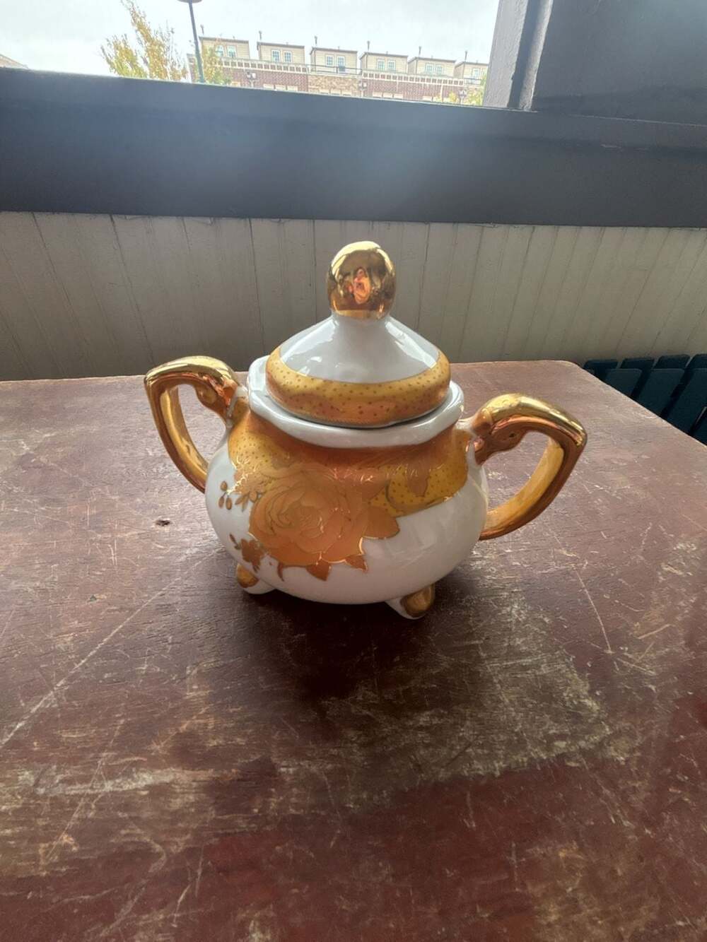 Vintage Footed Porcelain Sugar Bowl and Lid with Gold Gilded Rose